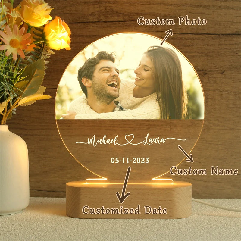 lampe photo personnalisable moderne boise acrylique transparente texte gravé cadeau couple decoration maison