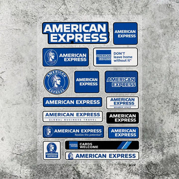 stickers american express vintage adhésifs bleu blanc rouge marron transparents motifs logos