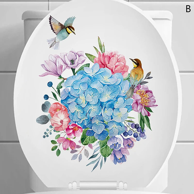 cache wc blanc fleurs colorées adhésif auto collant imperméable décoration salle bain hygiène