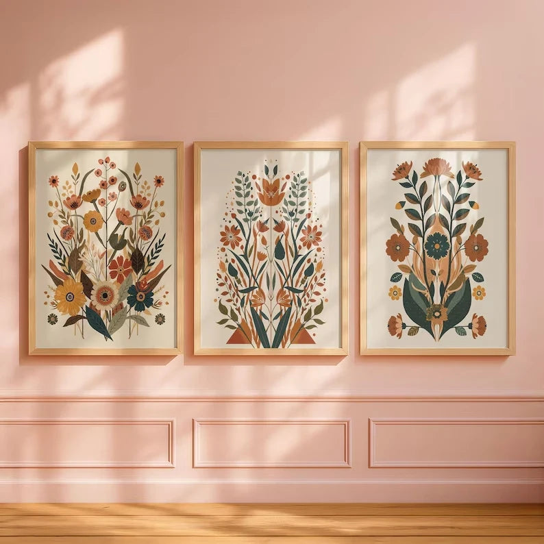 affiches murales modernes fleurs stylisées bois cadre beige marron orange vert bleu chambre salon