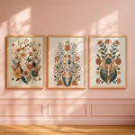 affiches murales modernes fleurs stylisées bois cadre beige marron orange vert bleu chambre salon