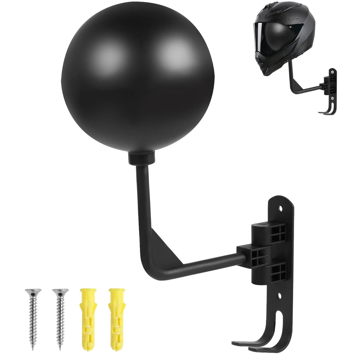 support rangement rotatif casque moto moderne vis écrous noir texture bois