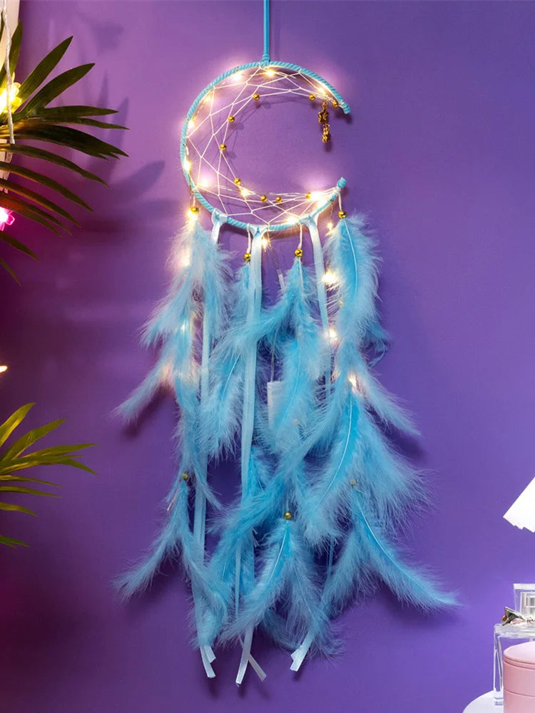 attrape rêves plumes lune boho rose bleu blanc décoratif chambre fil suspendu