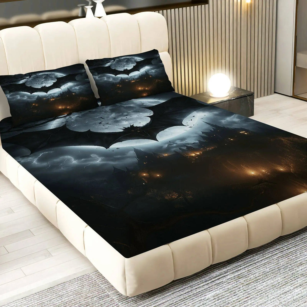 ensemble literie halloween drap housse noir motif château lune nuages taies d'oreiller gothique fantaisie