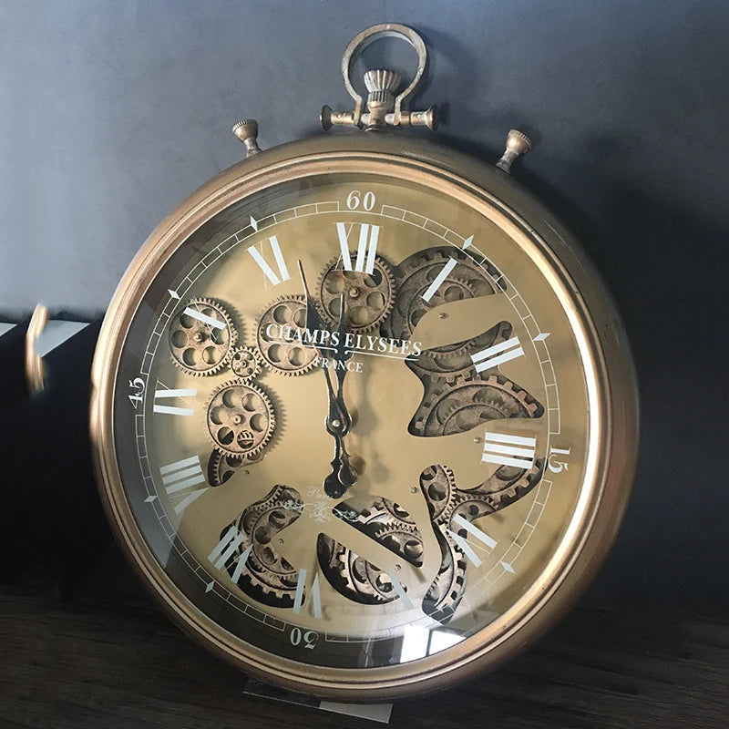 horloge murale vintage horloge noir doré mécanisme visible rétro opacité fixations engrenages montre mur