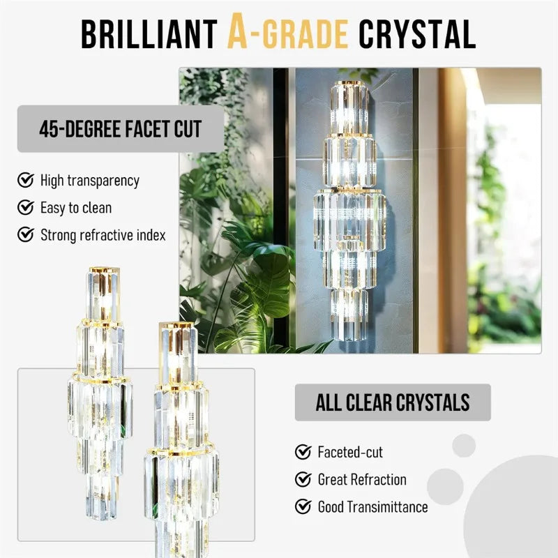 applique murale cristal doré moderne rangs superposés led éclairage chambre salon élégante fixée mur