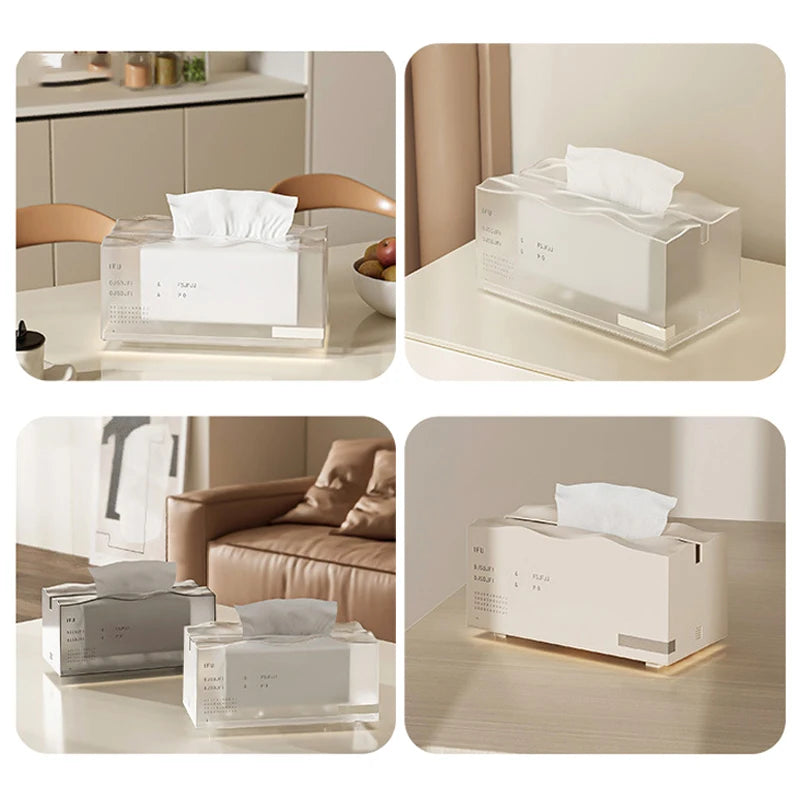 boîte mouchoirs transparente moderne minimaliste clips métalliques retrait facile rectangulaire lettres imprimées plastique élégante
