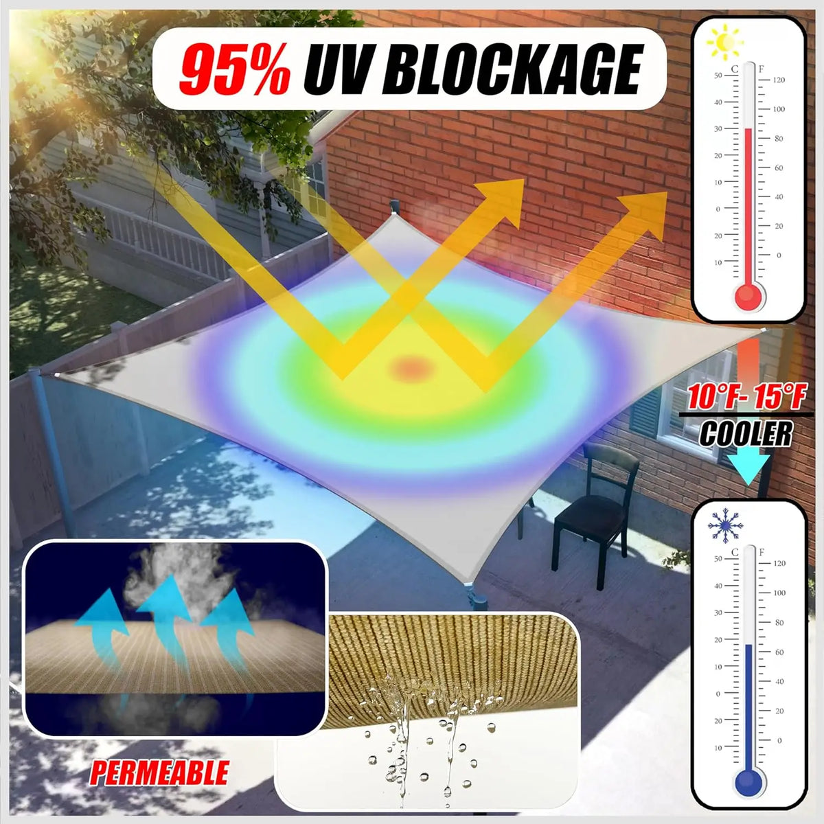 tonnelle moderne beige clair imperméable anti uv cordelette blanche patio terrasse jardin fixations