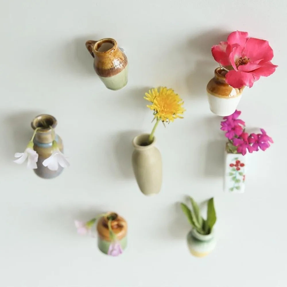 mini vase céramique artisanal aimants fleurs motif floral opacité vert beige marron bleu jaune