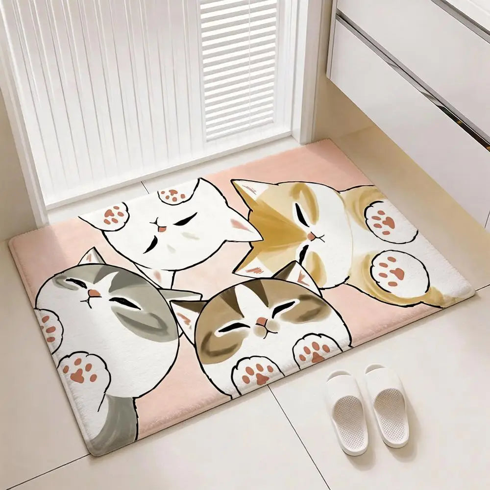 tapis moderne rose clair gris beige dessin animé chats bordure blanche salon