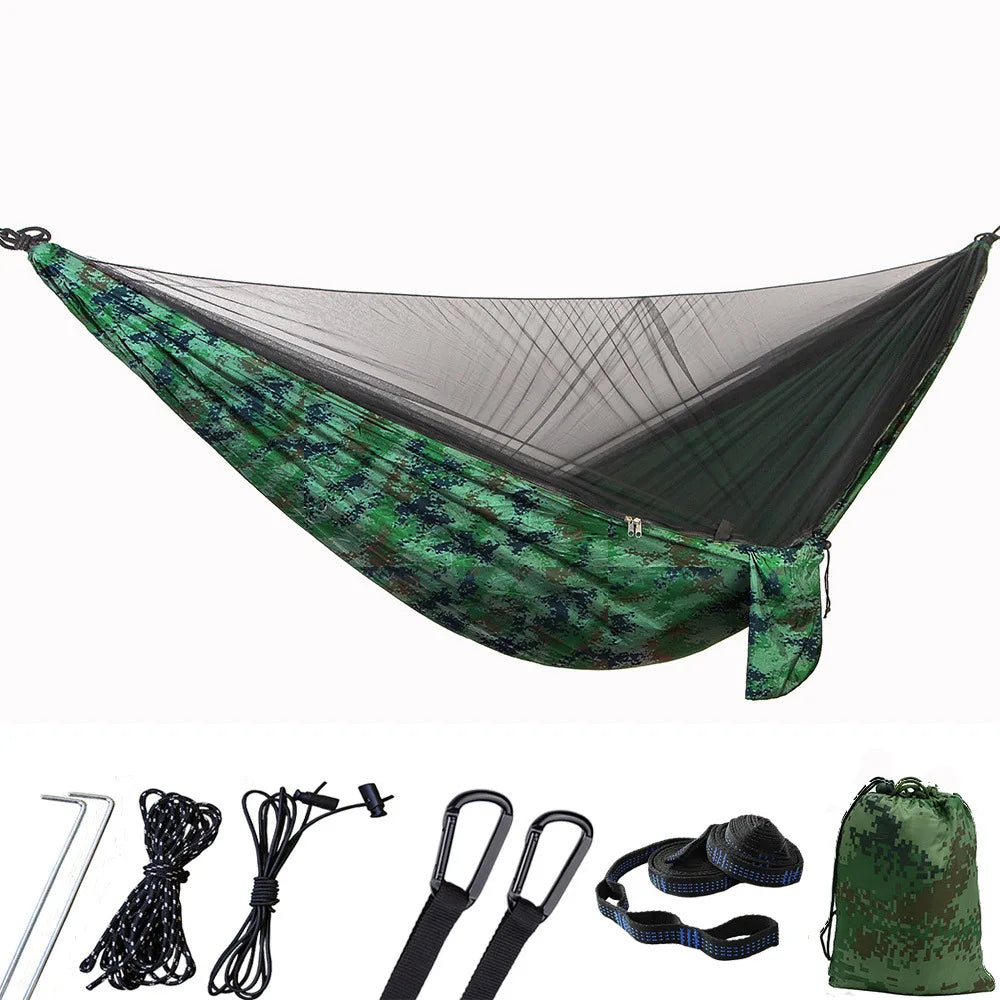 hamac deux personnes vert olive parachute léger filet antimosquitos carabines inox piquets aluminium sac