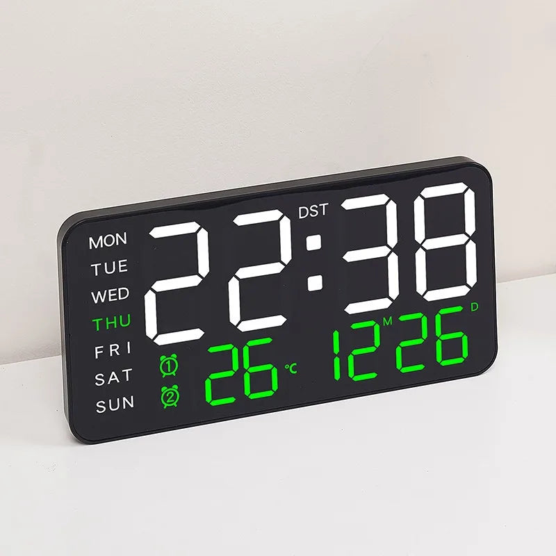 horloge murale numérique affichage LED température double alarme noir blanc jours semaine