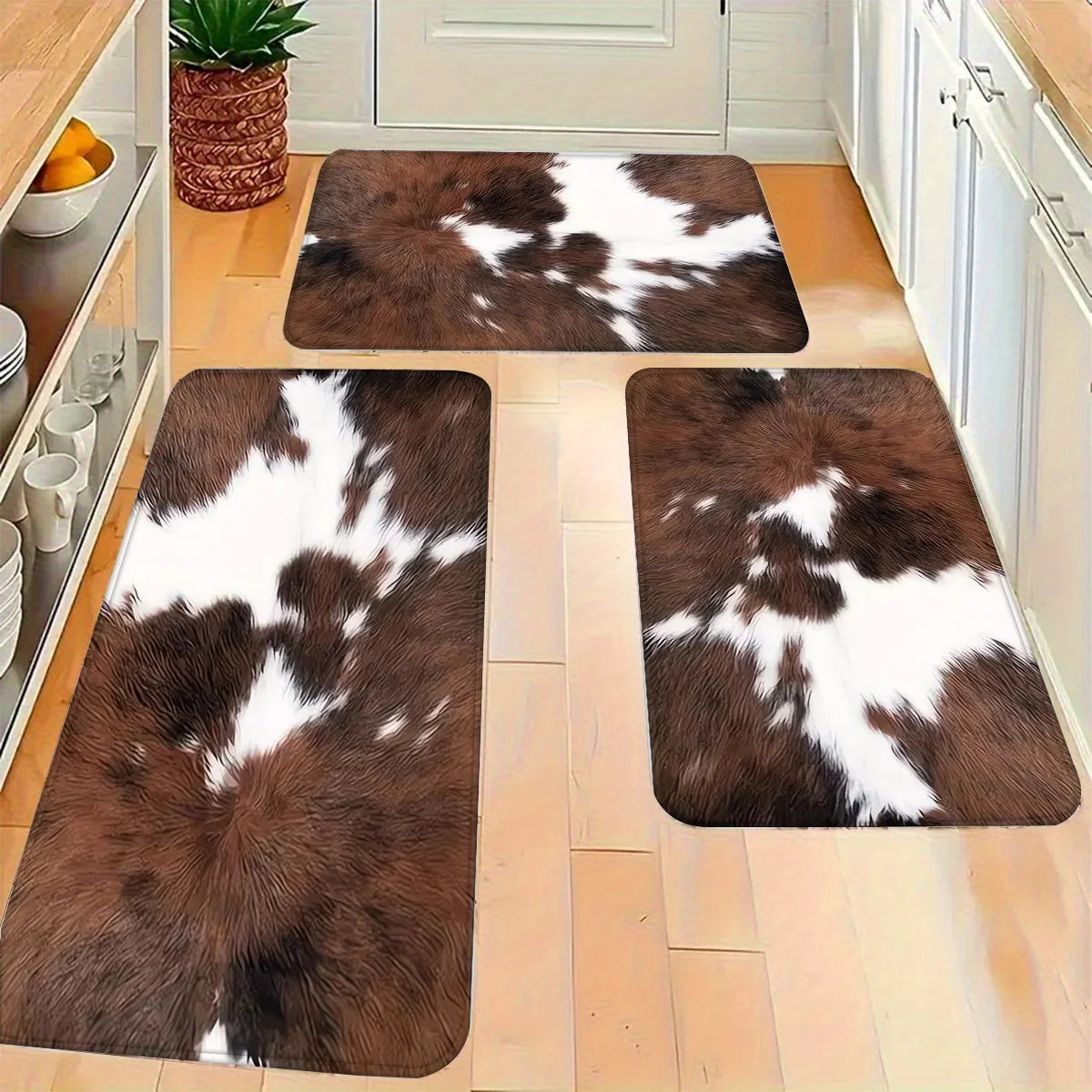 tapis sol moderne marron blanc peau vache antidérapant extérieur intérieur fleuri