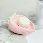porte savon céramique forme fraise rose texture fraise feuilles vertes mignon decoratif blanc rouge