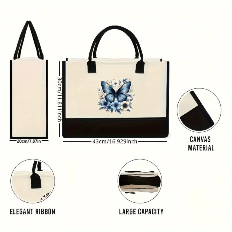 sac main toile papillon bleu fleurs moderne beige noir zippé utilisation multiple respectuevironnement