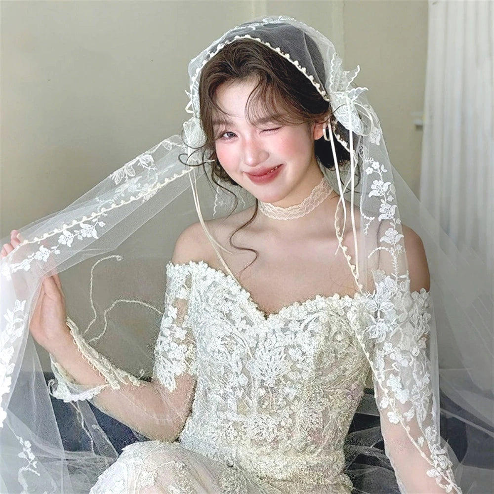 voile mariée blanc broderie florale transparente classique bord dentelleSizeMode fixation invisible