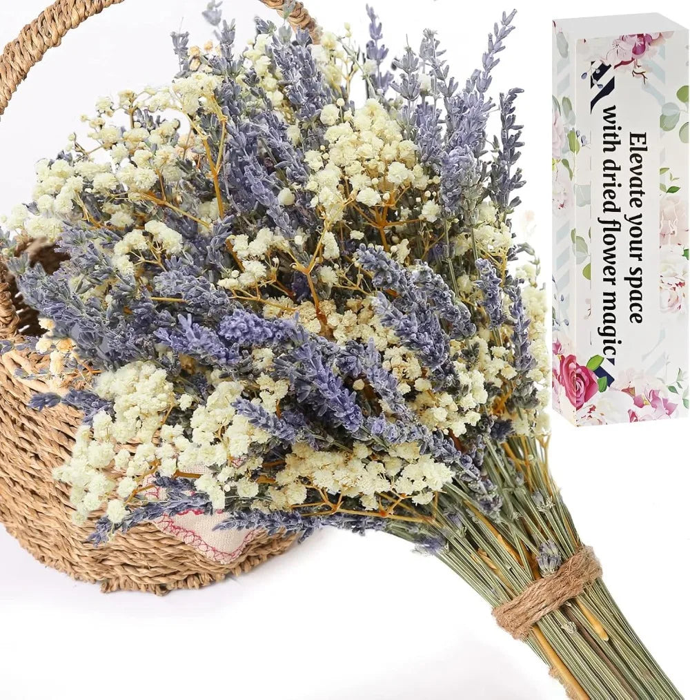 bouquets fleurs séchées lavande gypsophile decoration maison anniversaire mariage romantique violet blanc