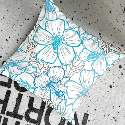 housse coussin carrée fleurs stylisées bleu blanc gris décoration moderne lit salon maison