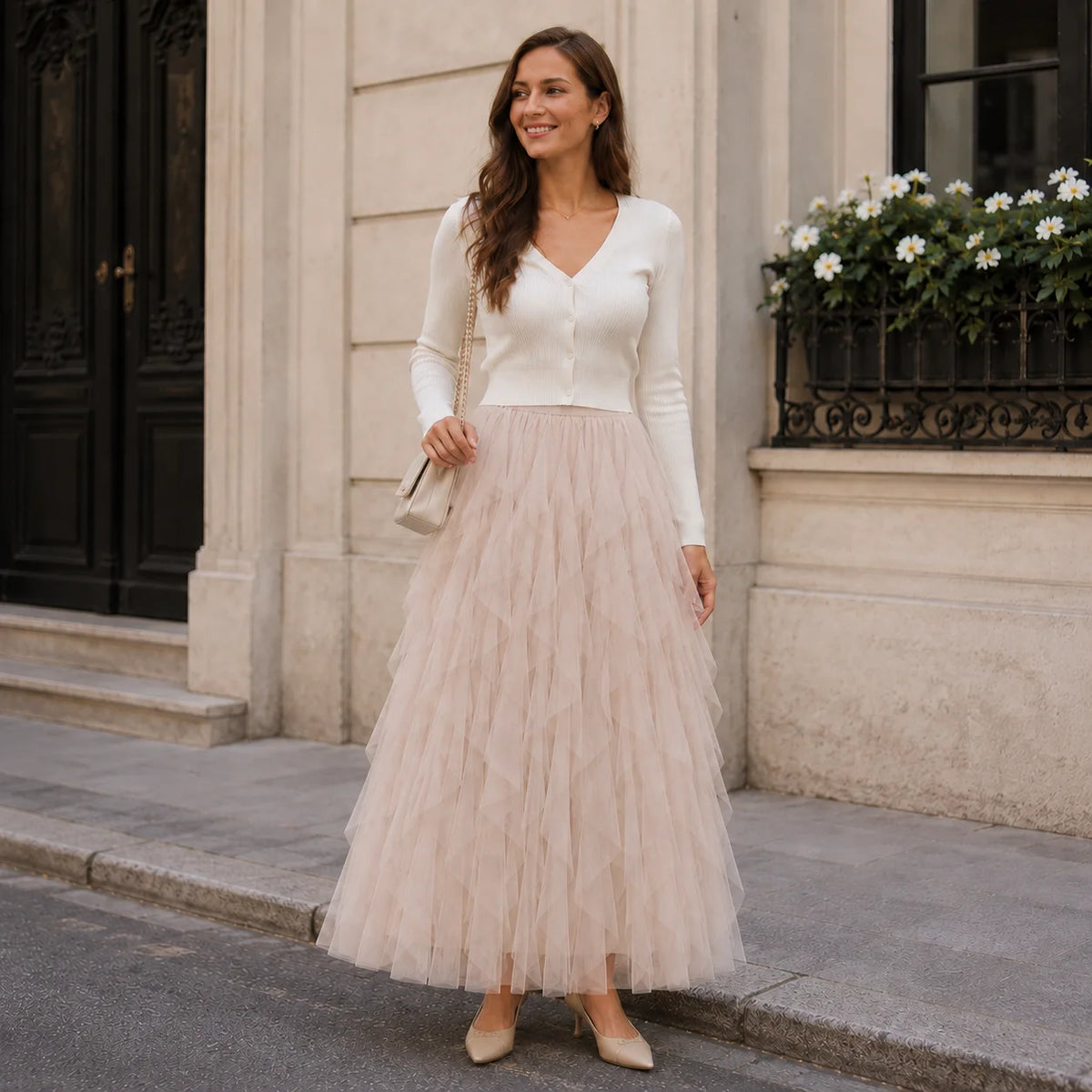 jupe tulle rose clair élégante classique été plissée longueur cheville junior féerique organza polyester