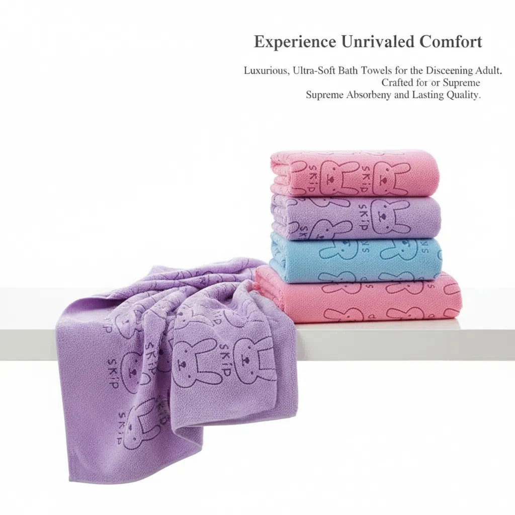 serviette bain polyester rapide motif lapins mignons couleurs violet rose vert bleu doux moderne