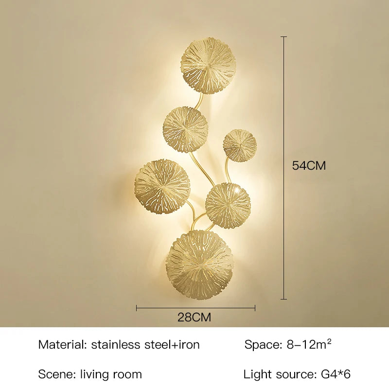 Applique murale dorée feuilles stylisées éclairage contemporain ampoules LED cuisine chambre coucher entrée