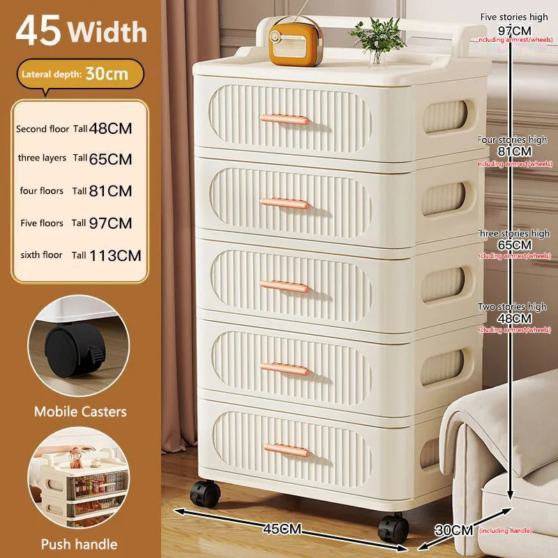 meuble rangement mobile tiroirs roulettes beige clair rayures horizontales moderne