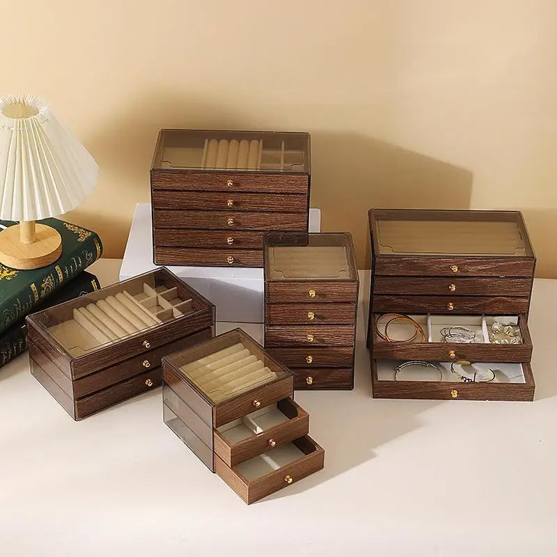 boîtes bijoux marron foncé texture bois moderne poignées dorées compartiments multiples rangement bijoux
