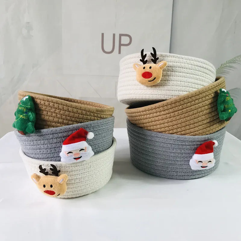 paniers rangement tissé coton grès beige blanc réutilisables décoration noël motifs rennes père noël