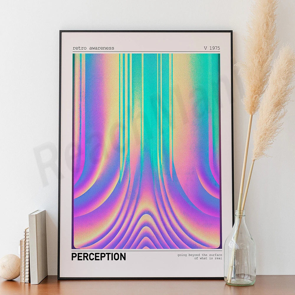 L'image présente un motif abstrait aux couleurs vives, composé de lignes verticales et de tons dégradés allant du rose au vert. Le texte en haut de l'image indique "PERCEPTION" et suggère que l'œuvre explore la notion de perception au-delà de la surface des choses.