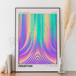 L'image présente un motif abstrait aux couleurs vives, composé de lignes verticales et de tons dégradés allant du rose au vert. Le texte en haut de l'image indique "PERCEPTION" et suggère que l'œuvre explore la notion de perception au-delà de la surface des choses.