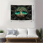 tapisserie arbre vie noir vert doré motifs floraux artisanal clips fixation chambre 75x58cm