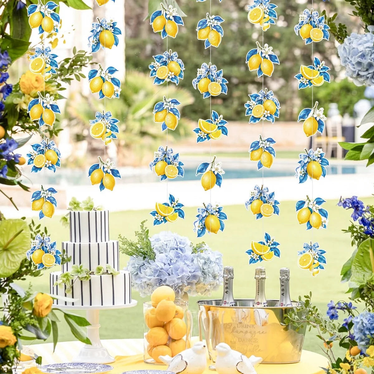 rideau blanc jaune bleu motif citron feuilles adhésif décoration anniversaire fête vintage