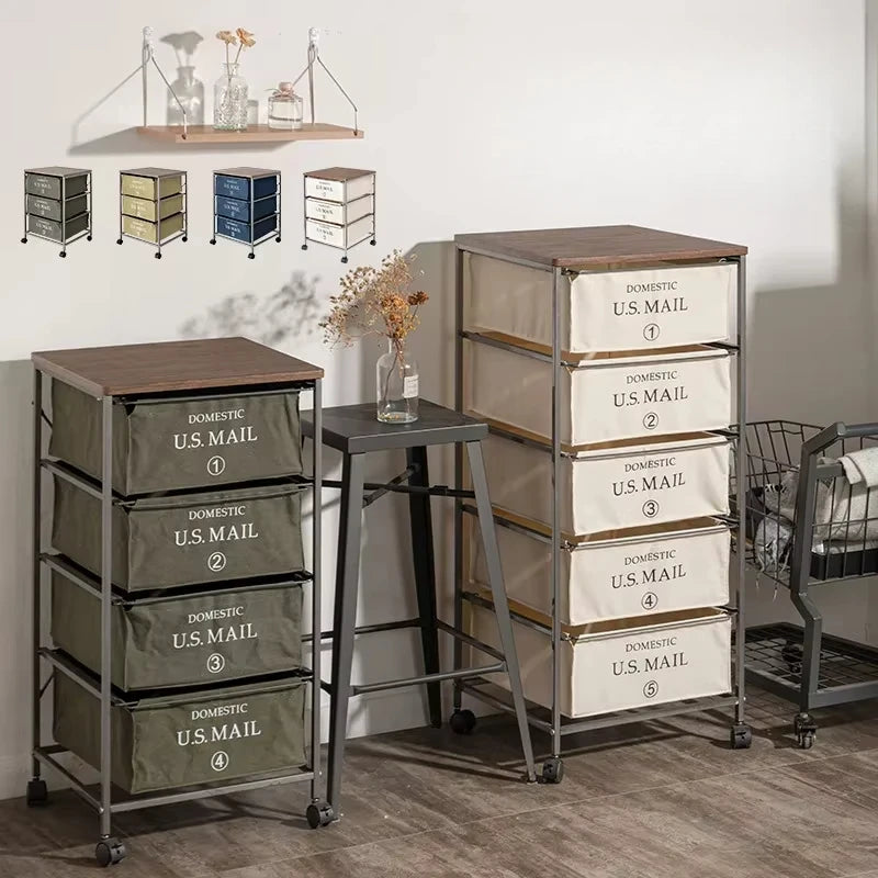 meuble tiroirs industriel beige tiroirs toile imprimée DOMESTIC U.S.MAIL numérotés roulettes multifonctionnels