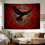 tapisserie murale oiseau vol cercle géométrique motifs floraux gothique rouge noir doré décoration salon