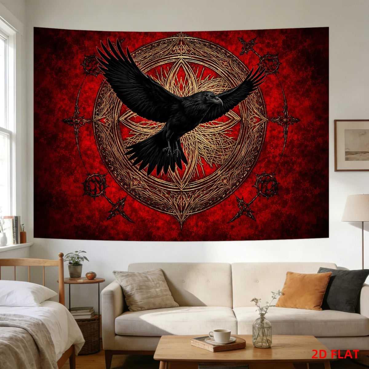 tapisserie murale oiseau vol cercle géométrique motifs floraux gothique rouge noir doré décoration salon