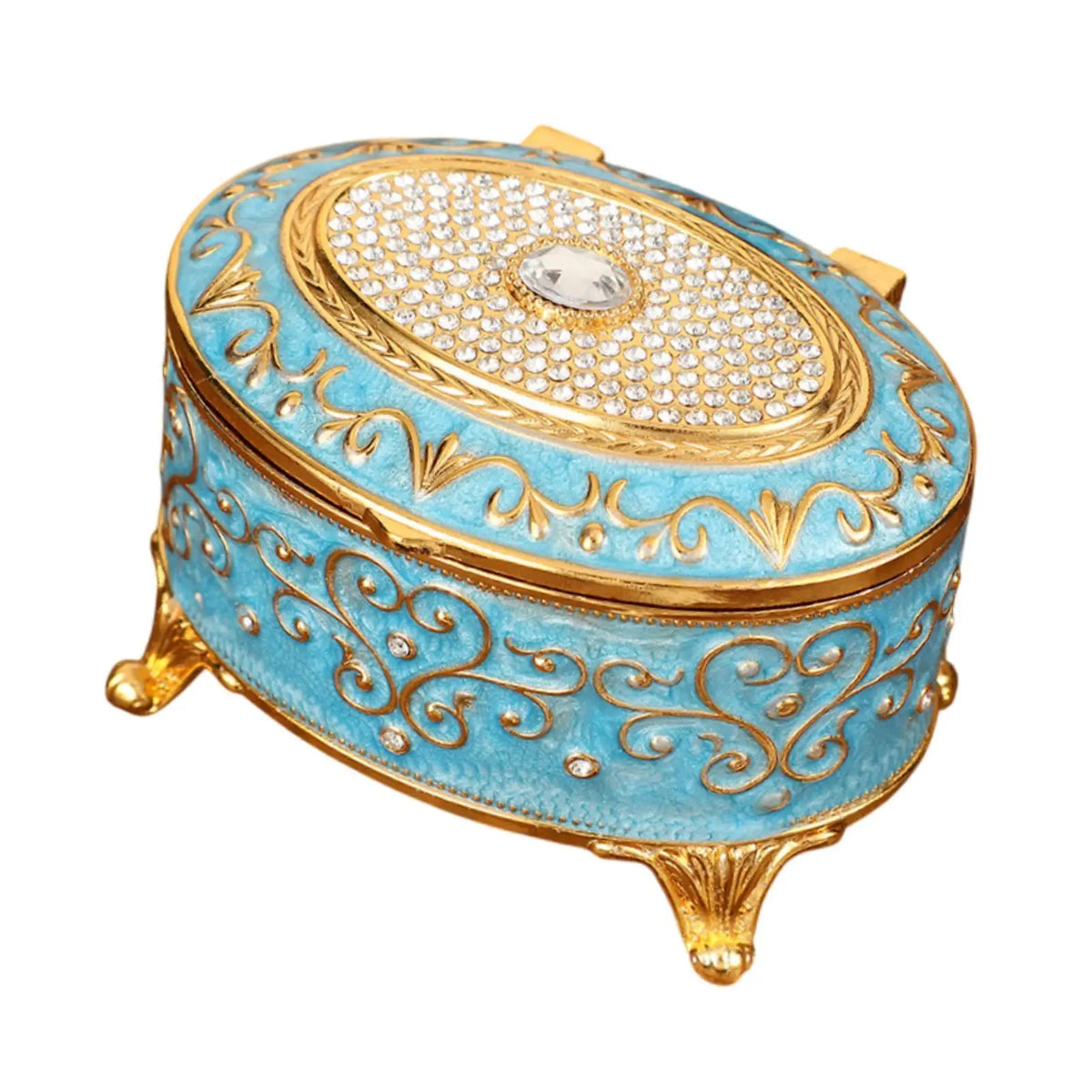 boîte bijoux vintage bleu clair ornementation florale strass bracelet boucles d'oreilles bague organisation bijoux
