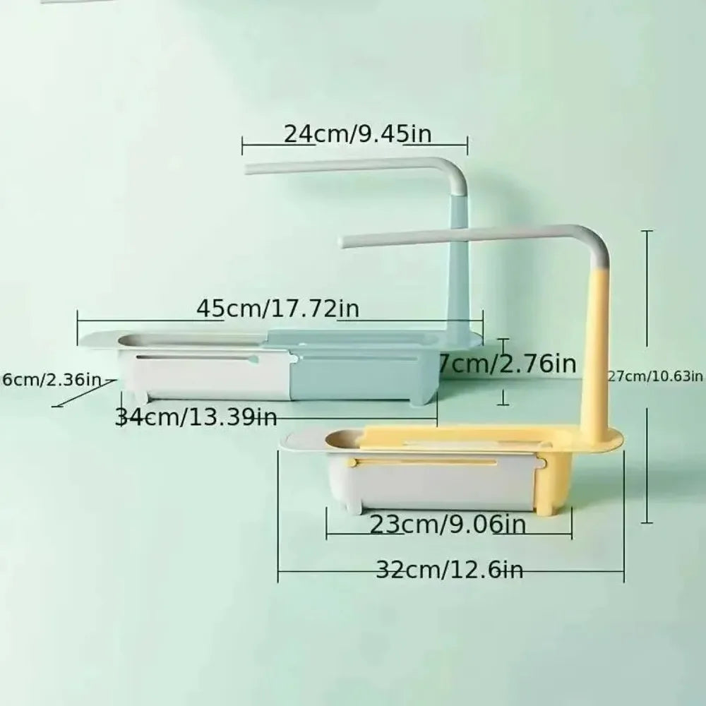rangement évier extensible moderne barrette porte torchons compartiments brosses éponges vert jaune blanc bleu