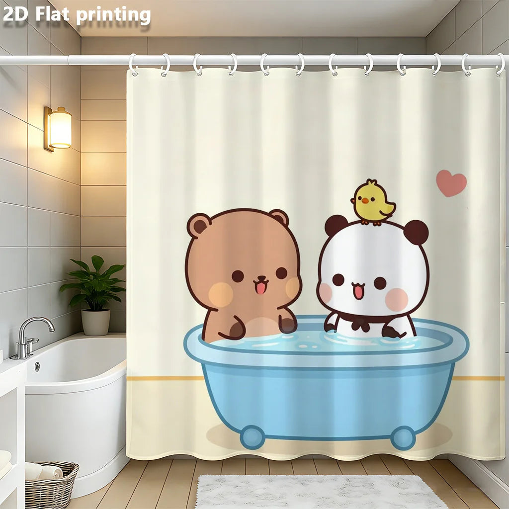 rideau douche imperméable ours dessin animé baignoire illustration 2d anneaux métalliques beige marron blanc