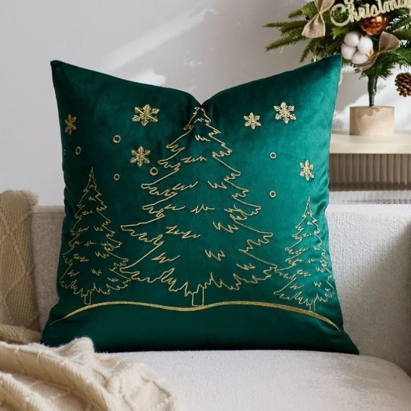 housse coussin brodée arbre noël moderne 45x45cm polyester coton velours rouge vert bleu gris