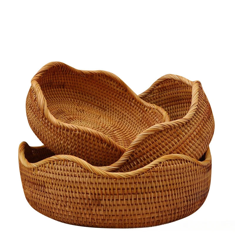 panier tissé rustique bohème rotin marron clair utilisation multiple décoration maison fruit eau arrondi