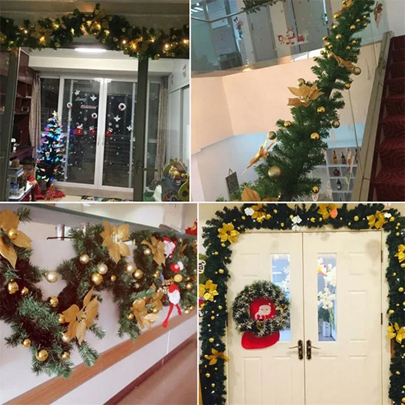 Guirlande Noël fleurs artificielles boules décoratives lumineuses intérieur festif vert doré rouge bleu