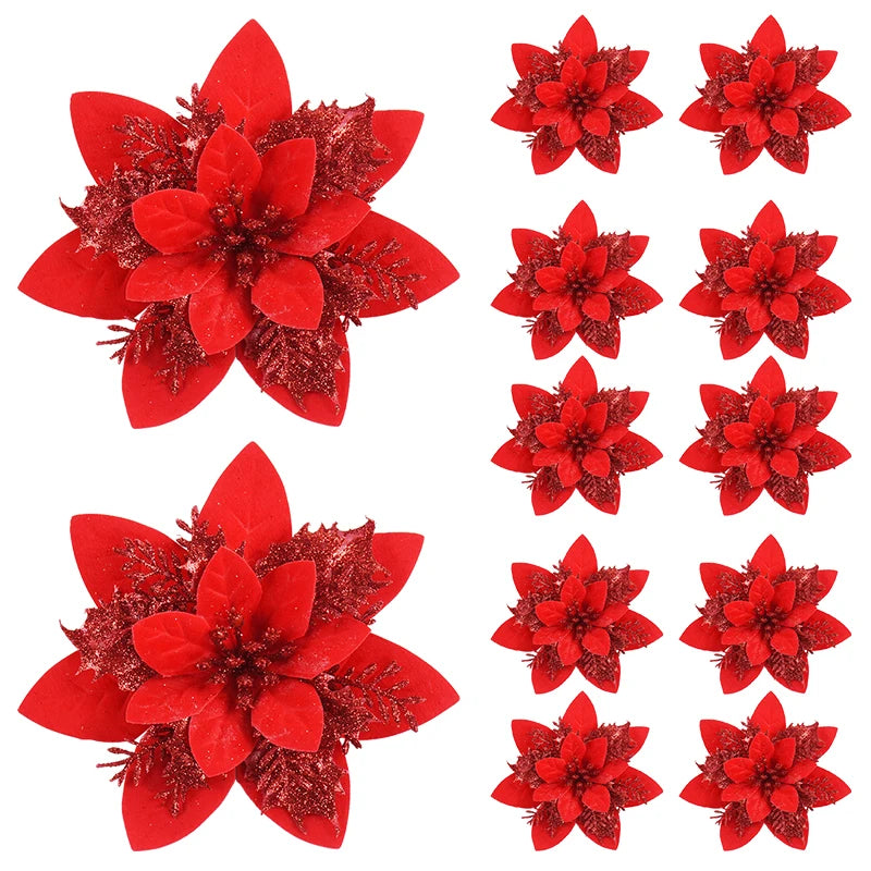 décoration noël fleurs artificielles rose glitter rouges décoratives festive maison