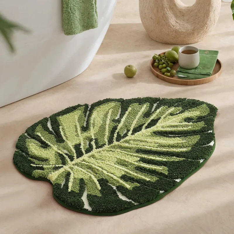 tapis bain vert feuilles moderne coton absorbant antidérapant doux 60cm machine lavable