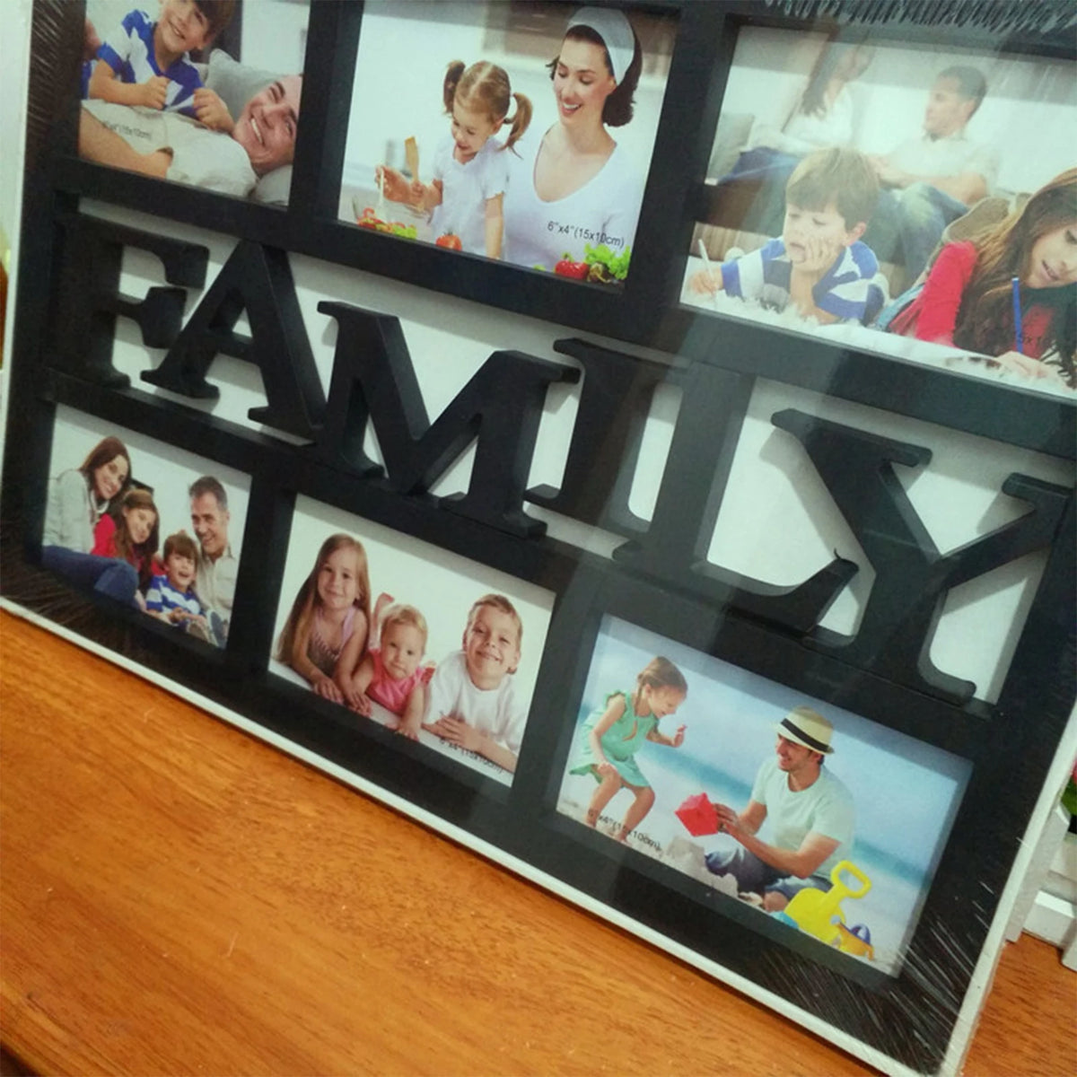 cadre photo multiple six ouvertures decoratif blanc noir motifs coeurs love family