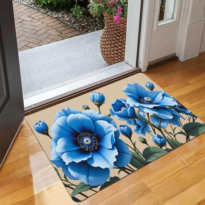 tapis moderne fleuri bleu blanc noir résistant antidérapant entrée sol extérieur adhésif polypropylène