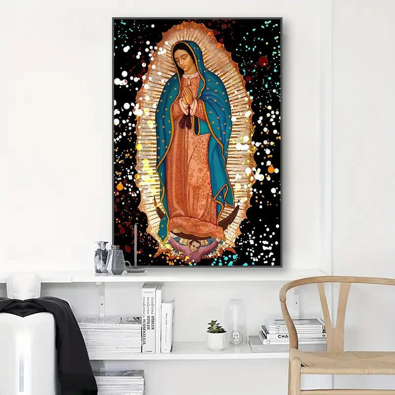 toile d'art classique illustration religieuse motifs floraux toile vierge guadalupe décoration murale vert bleu