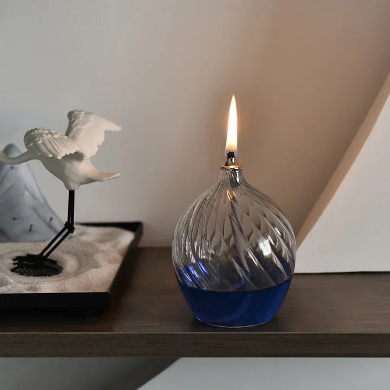 lampe huile verre bleu transparent motif spiralé moderne décoration intérieure chandelle mariage centerpiece table