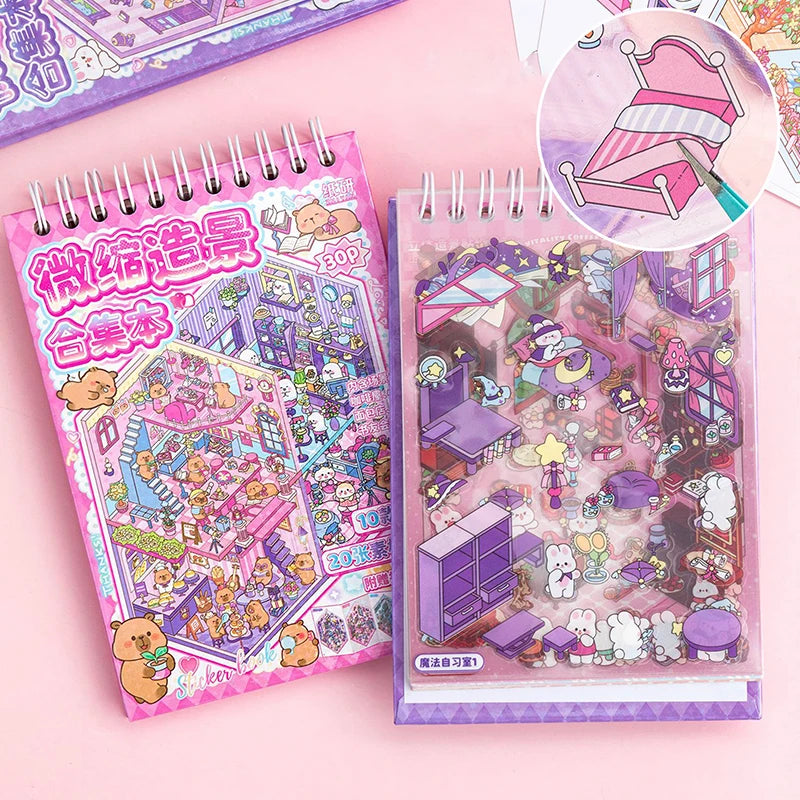 livre autocollants illustrations animaux scènes miniatures dessin animé violet rose mignon éducatif enfants adolescents