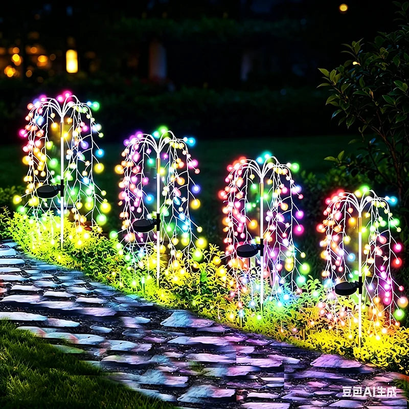 guirlandes solaires led jaune blanc argenté rouge vert bleu arbres feuilles patio jardin extérieur