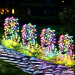 guirlandes solaires led jaune blanc argenté rouge vert bleu arbres feuilles patio jardin extérieur